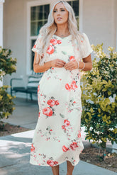 Midikleid mit Blumenmuster, seitlichen Schlitzen und Manschettenärmeln